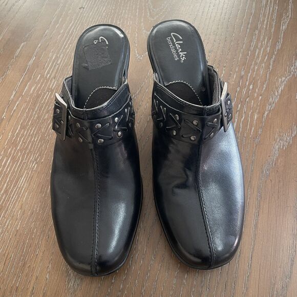 Clarks Bendables Slip On Mule Clog Womens Size 11 Black Leather Mirabelle Buckle - Picture 1 of 10